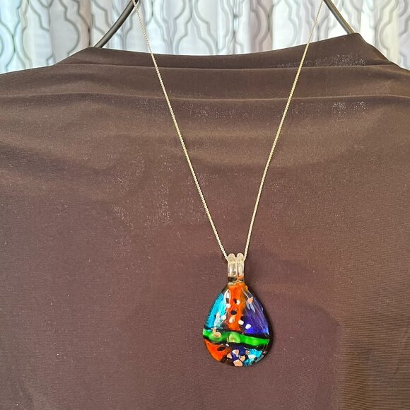 Hand Crafted Jewelry - 3D Graphic Blue Red & Green Dichroic Glass Pendant • Sterling Italian Chain